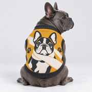 French Bulldog seated with its back toward camera and head looking right, wearing pet knit sweater design 05