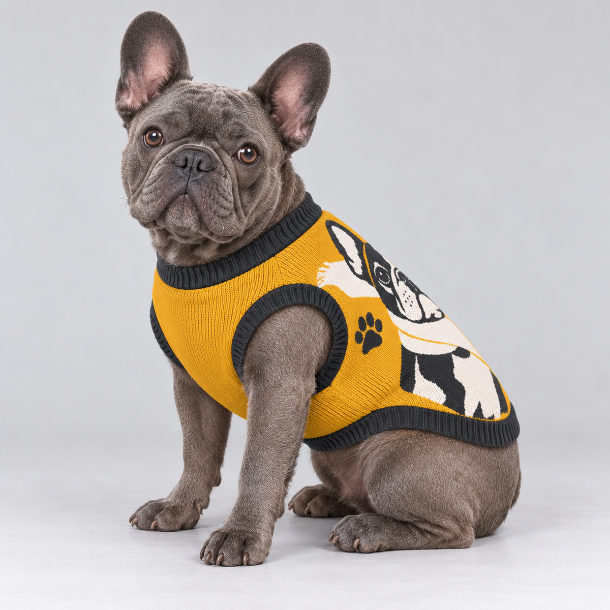 French Bulldog seated at a side three-quarter angle wearing pet knit sweater design 05