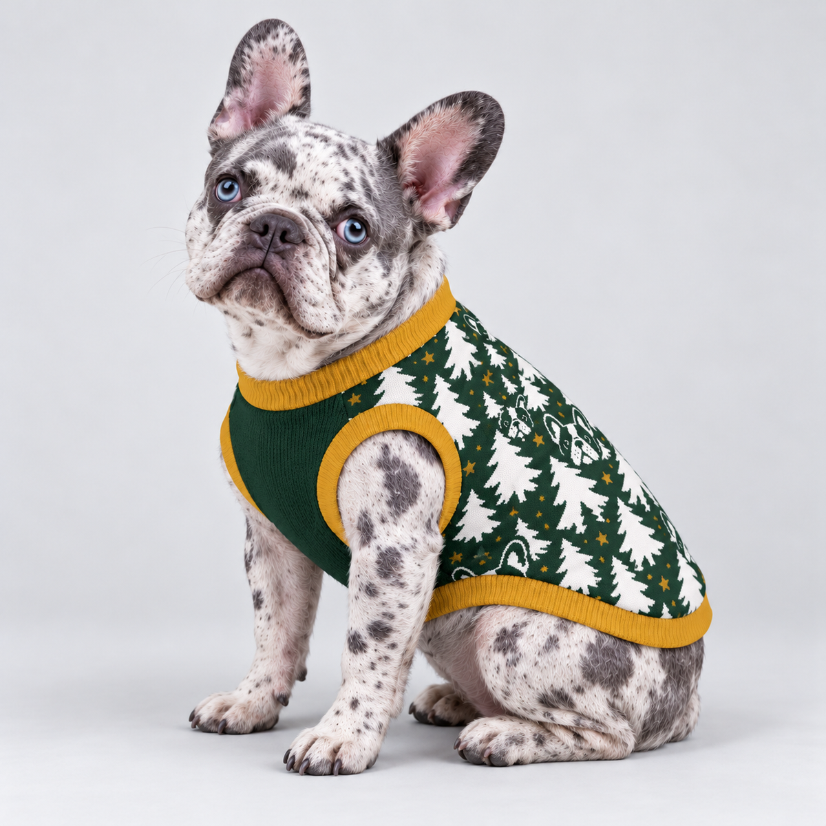 French Bulldog seated at a side three-quarter angle wearing pet knit sweater design 06