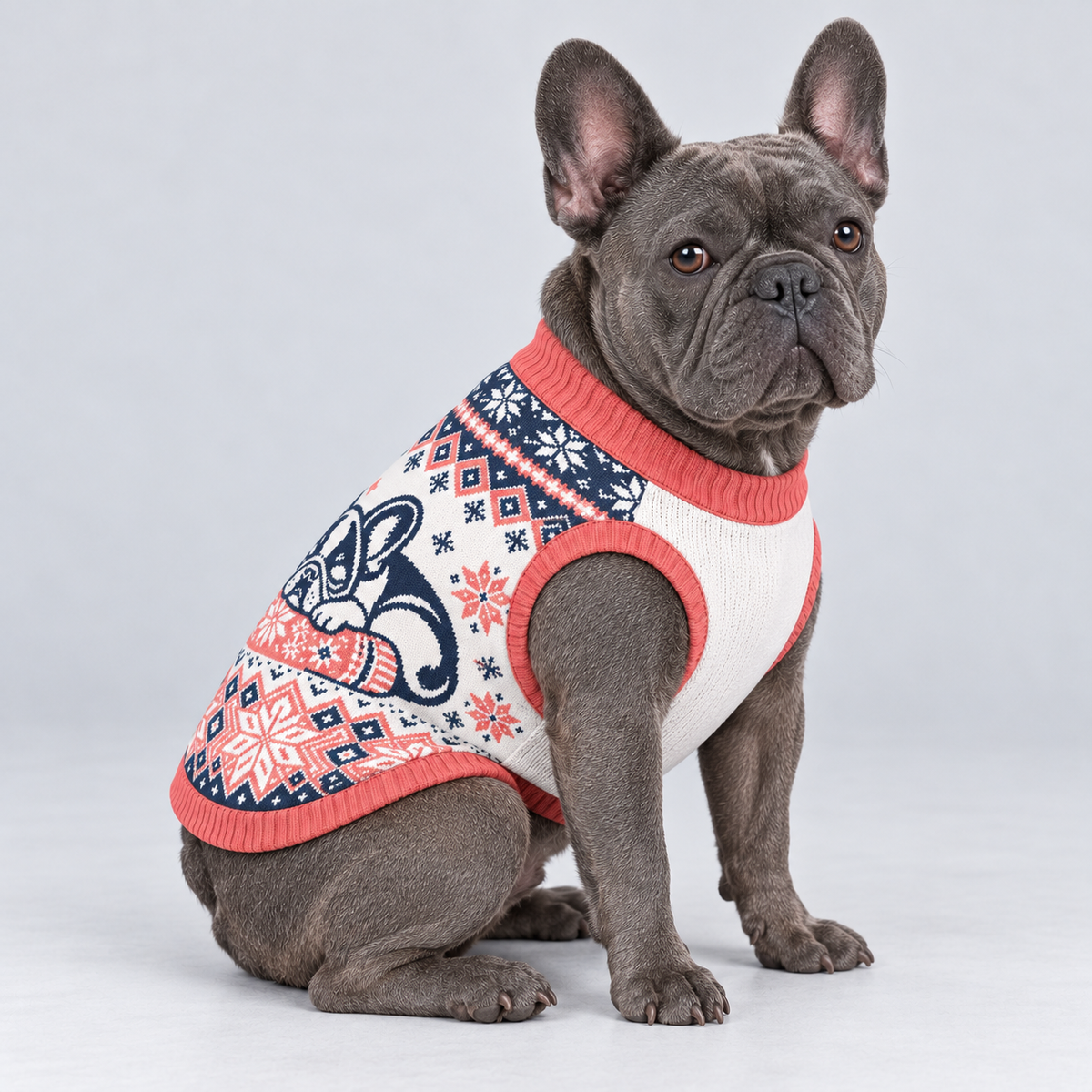 French Bulldog seated at a side three-quarter angle wearing pet knit sweater design 07