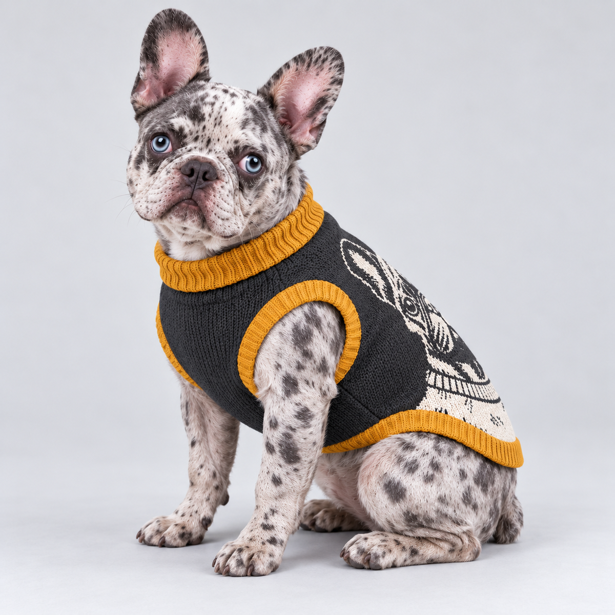 French Bulldog seated at a side three-quarter angle wearing pet knit sweater design 08