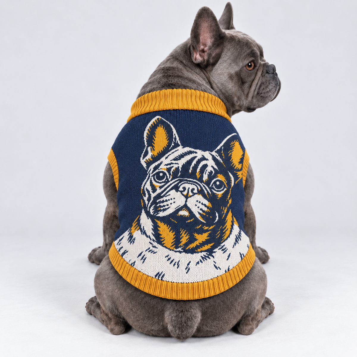 French Bulldog seated with back toward camera, head looking right, wearing pet knit sweater design 09