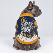 French Bulldog seated with back toward camera, head looking right, wearing pet knit sweater design 09