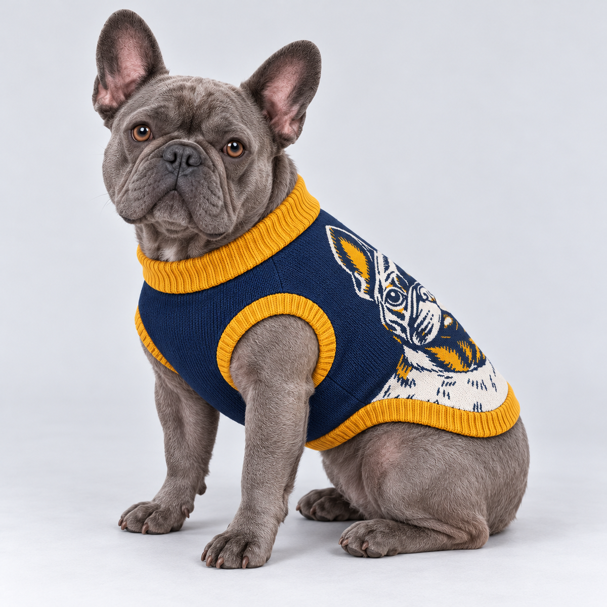 French Bulldog seated at a side three-quarter angle wearing pet knit sweater design 09