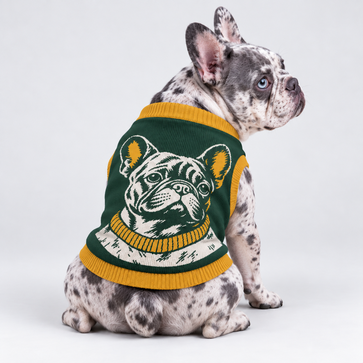 French Bulldog seated with back toward camera, head looking right, wearing pet knit sweater design 10