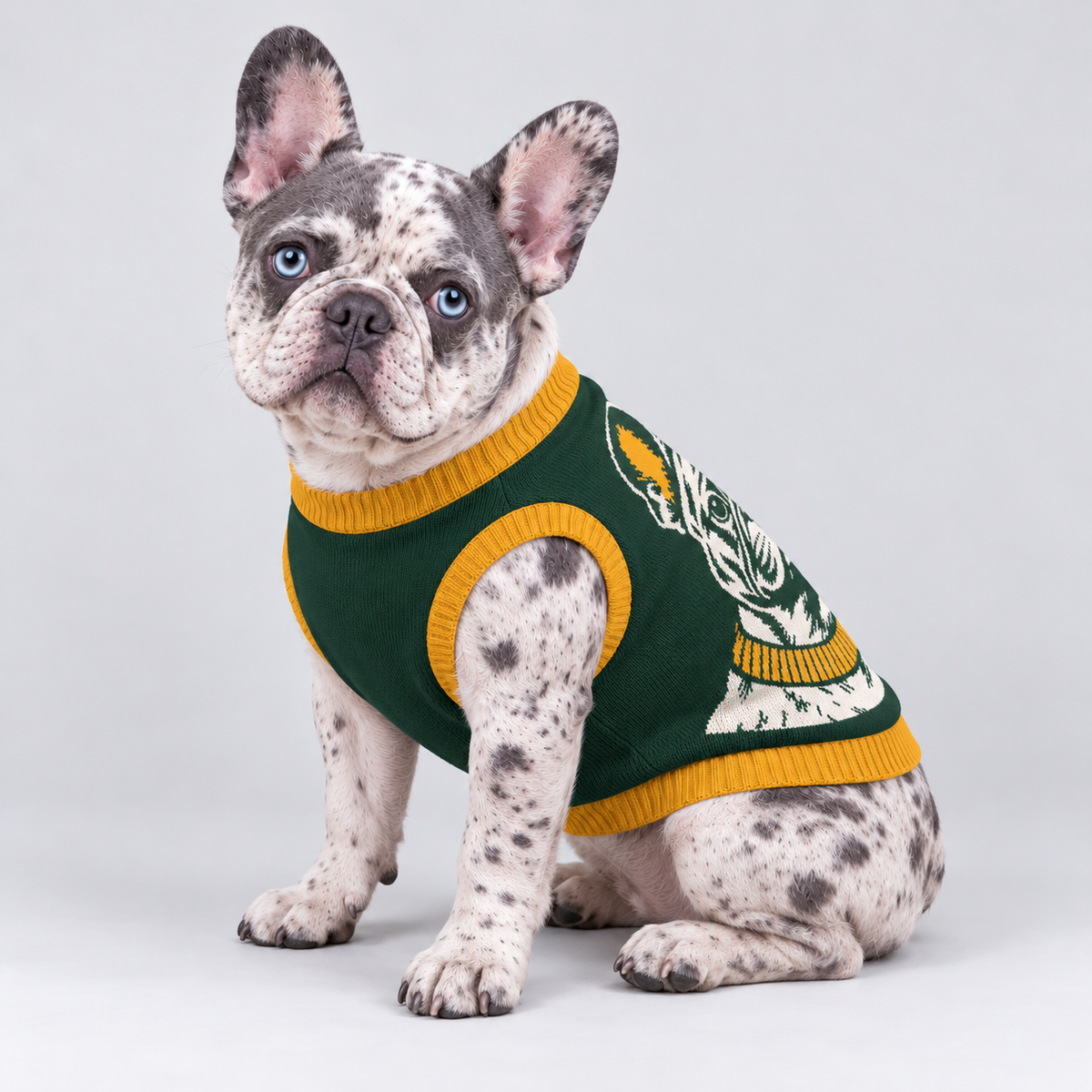 French Bulldog seated at a side three-quarter angle wearing pet knit sweater design 10