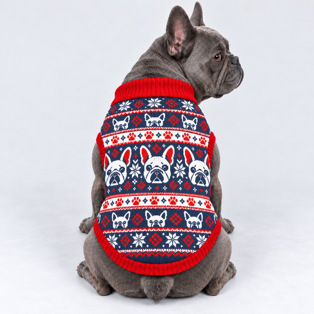 French Bulldog seated with back toward camera, head looking right, wearing pet knit sweater design 11