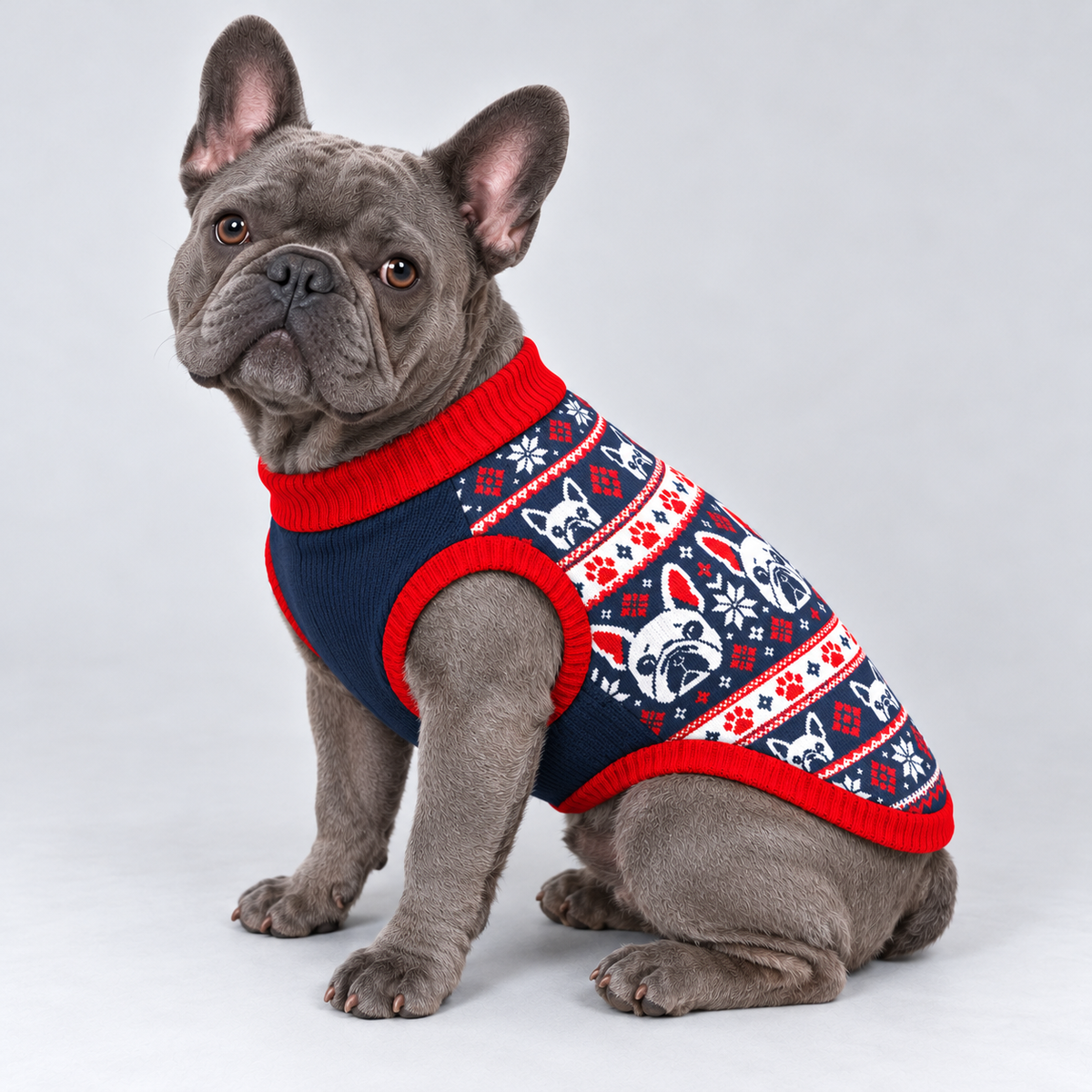 French Bulldog seated at a side three-quarter angle wearing pet knit sweater design 11