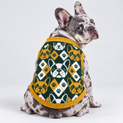 French Bulldog wearing pet knit sweater design 12 — seated rear view with head looking right