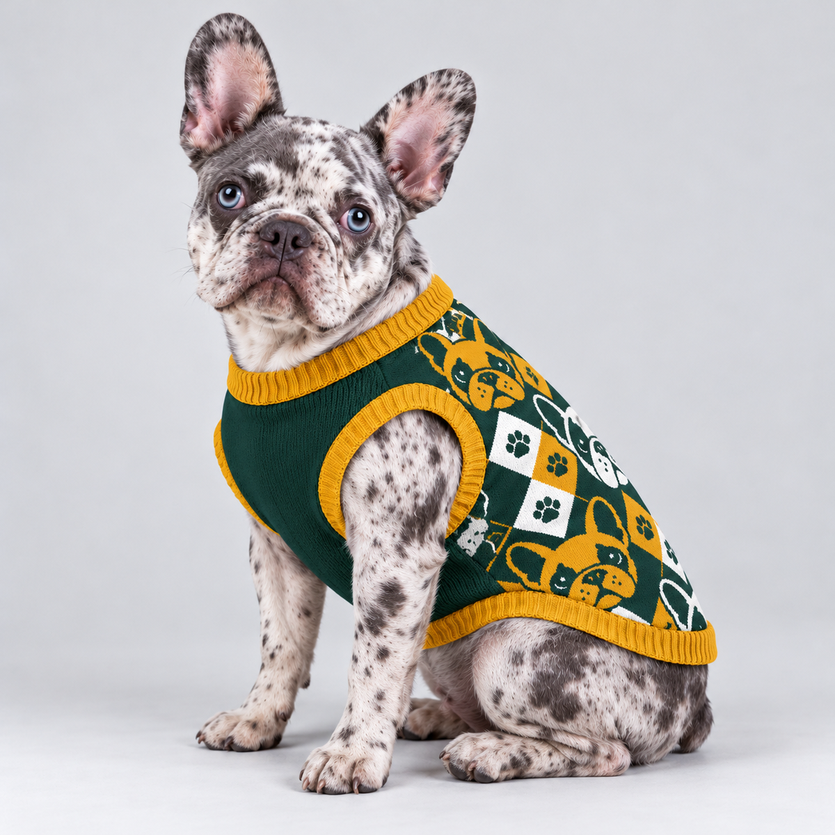 French Bulldog seated at a side three-quarter angle wearing pet knit sweater design 12