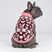 French Bulldog wearing pet knit sweater design 13 — seated rear view with head looking right