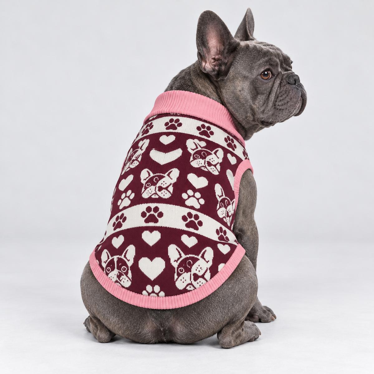 French Bulldog wearing pet knit sweater design 13 — seated rear view with head looking right