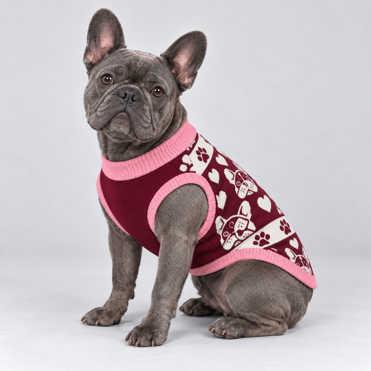 French Bulldog seated at a side three-quarter angle wearing pet knit sweater design 13