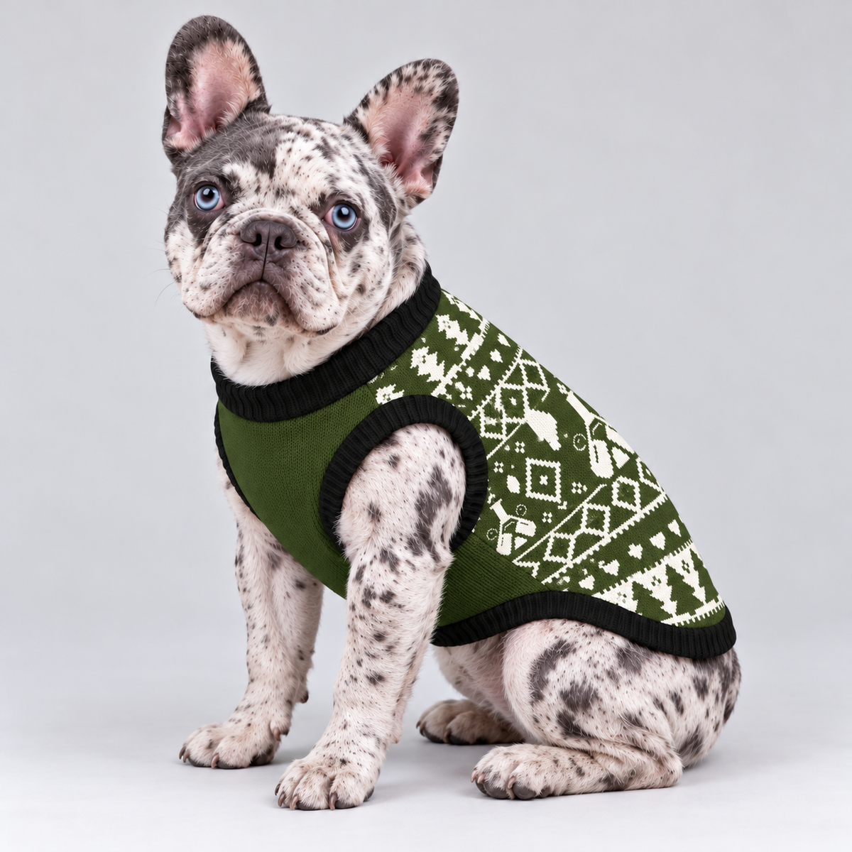 Merle French Bulldog seated at a side three-quarter angle in olive woodland knit sweater with black trim