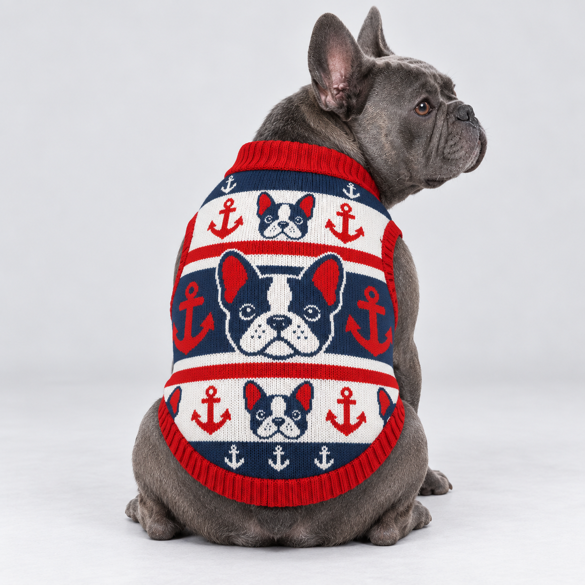 French Bulldog wearing pet knit sweater design 15 — seated rear view with head looking right