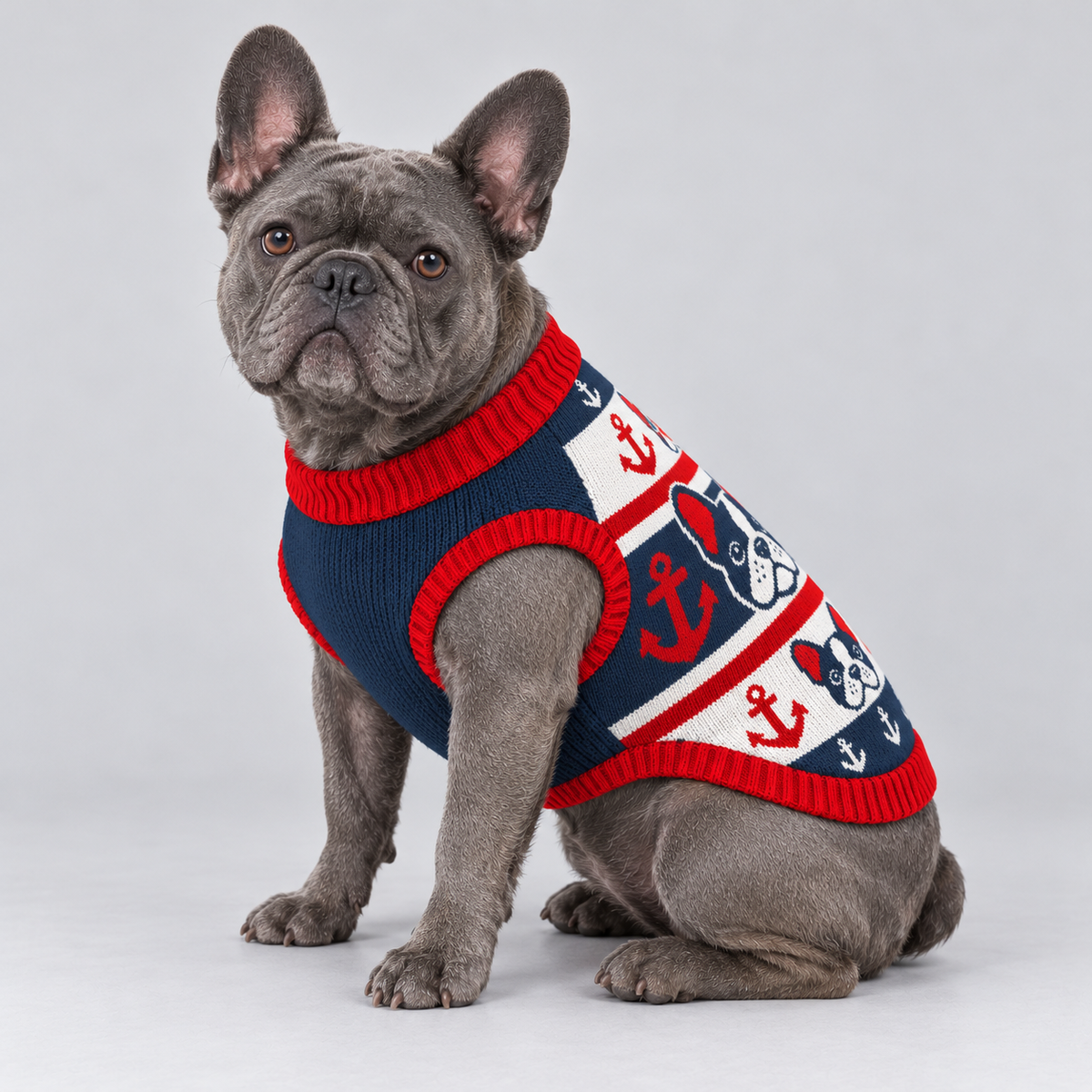 French Bulldog seated at a side three-quarter angle wearing pet knit sweater design 15