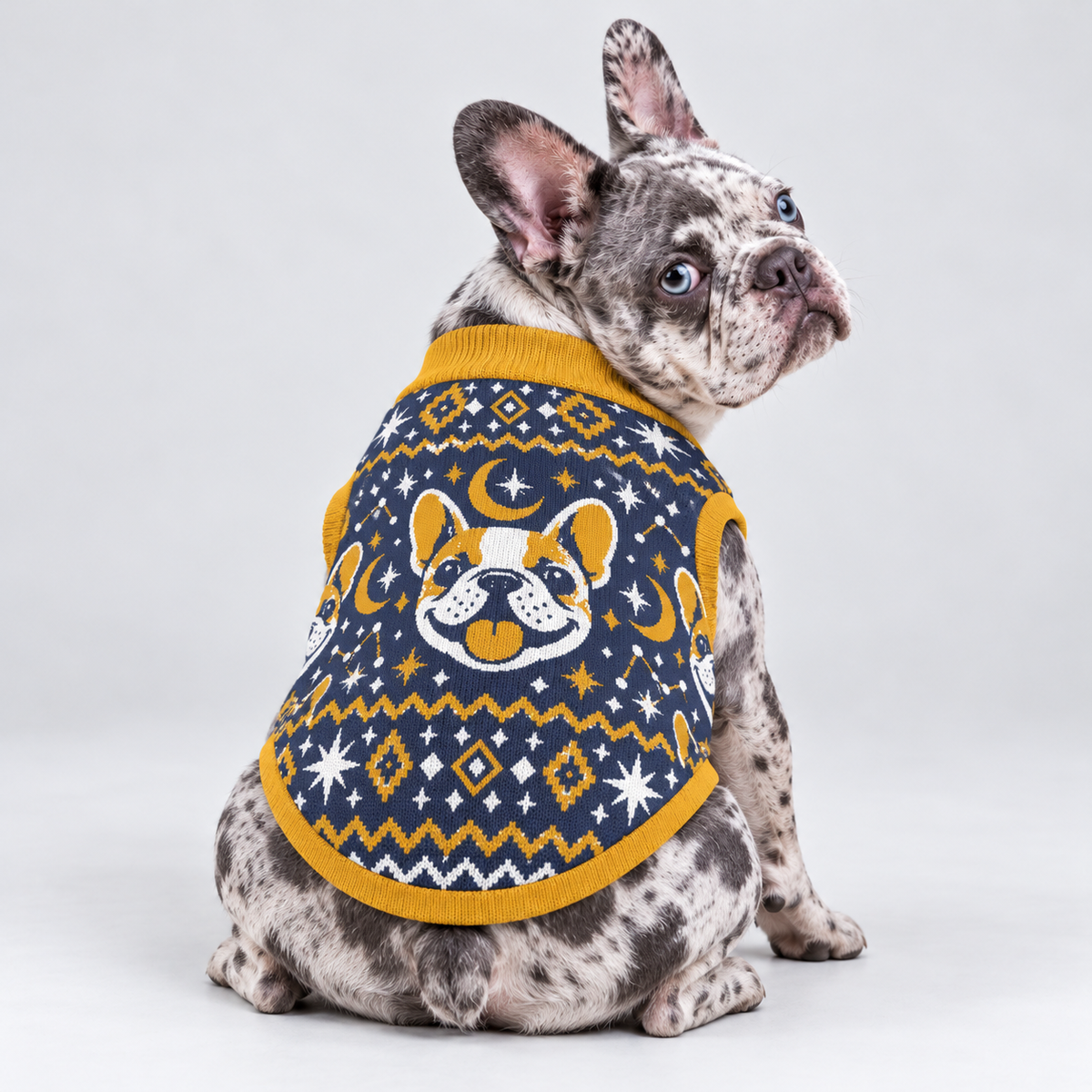 French Bulldog seated with back toward camera, head looking right, wearing pet knit sweater design 16