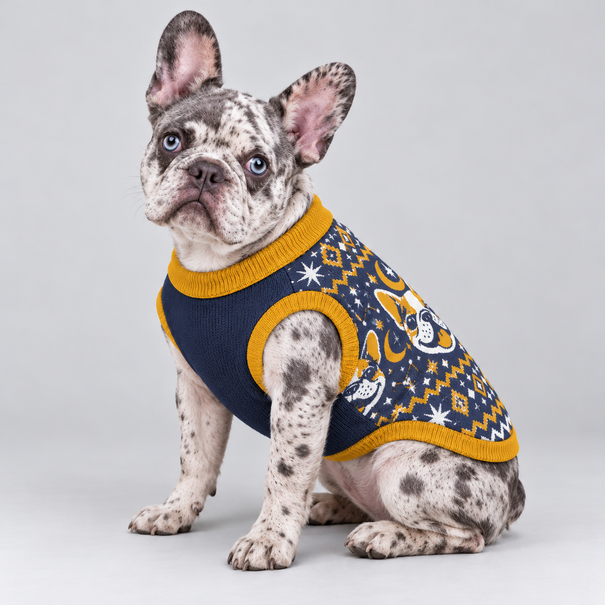 French Bulldog wearing pet knit sweater design 16 — seated side three-quarter view