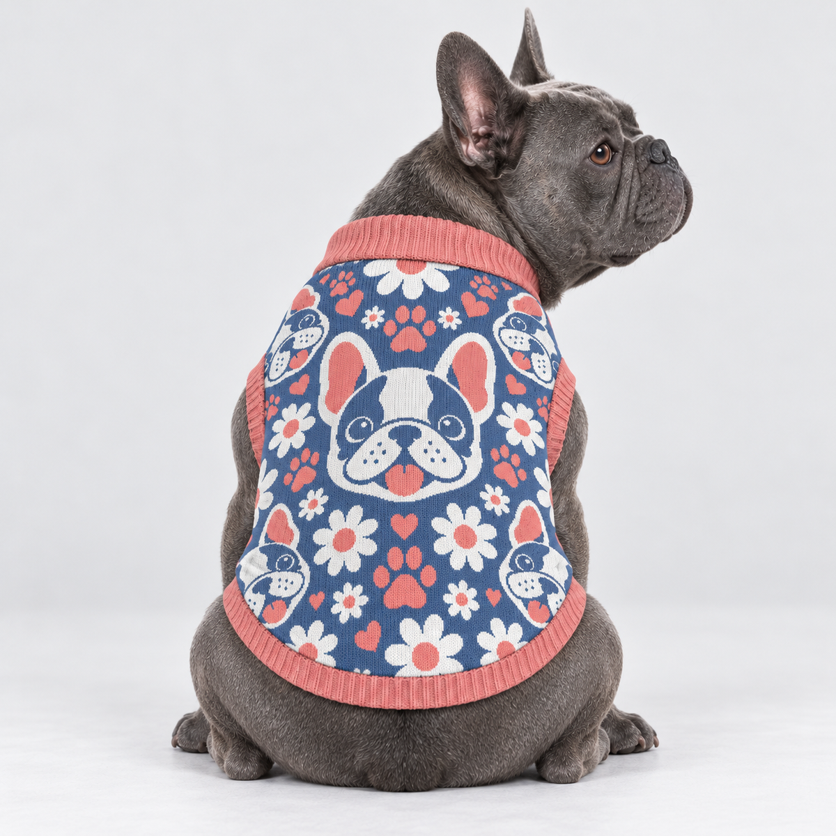 French Bulldog seated with back toward camera, head looking right, wearing pet knit sweater design 17