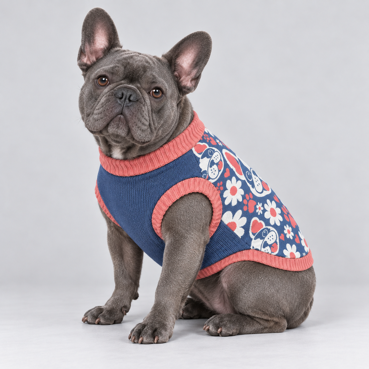 French Bulldog wearing pet knit sweater design 17 — seated side three-quarter view