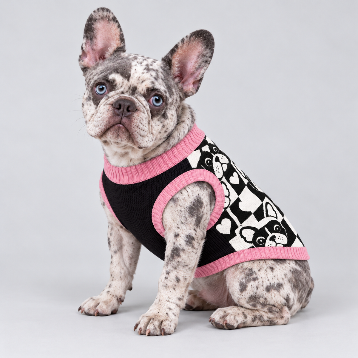 French Bulldog wearing pet knit sweater design 18 — seated side three-quarter view