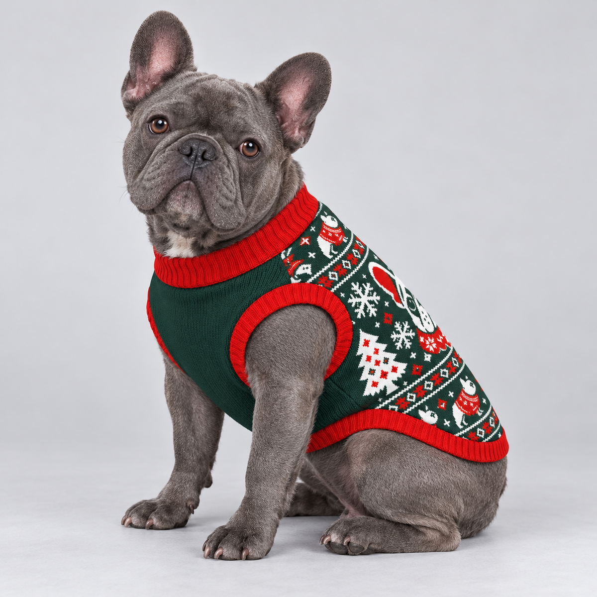French Bulldog wearing pet knit sweater design 19 — seated side three-quarter view