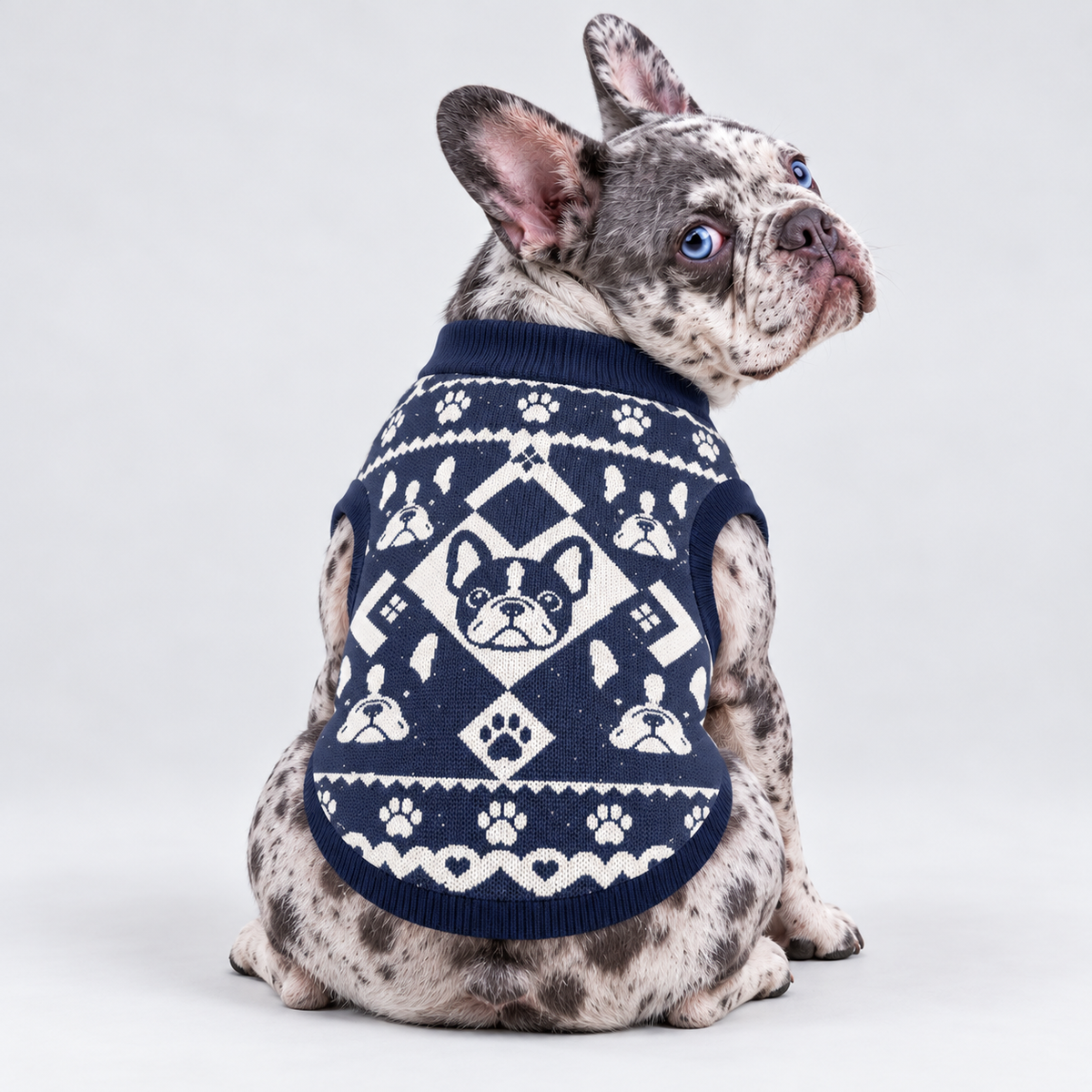 French Bulldog seated with back toward camera, head looking right, wearing pet knit sweater design 20
