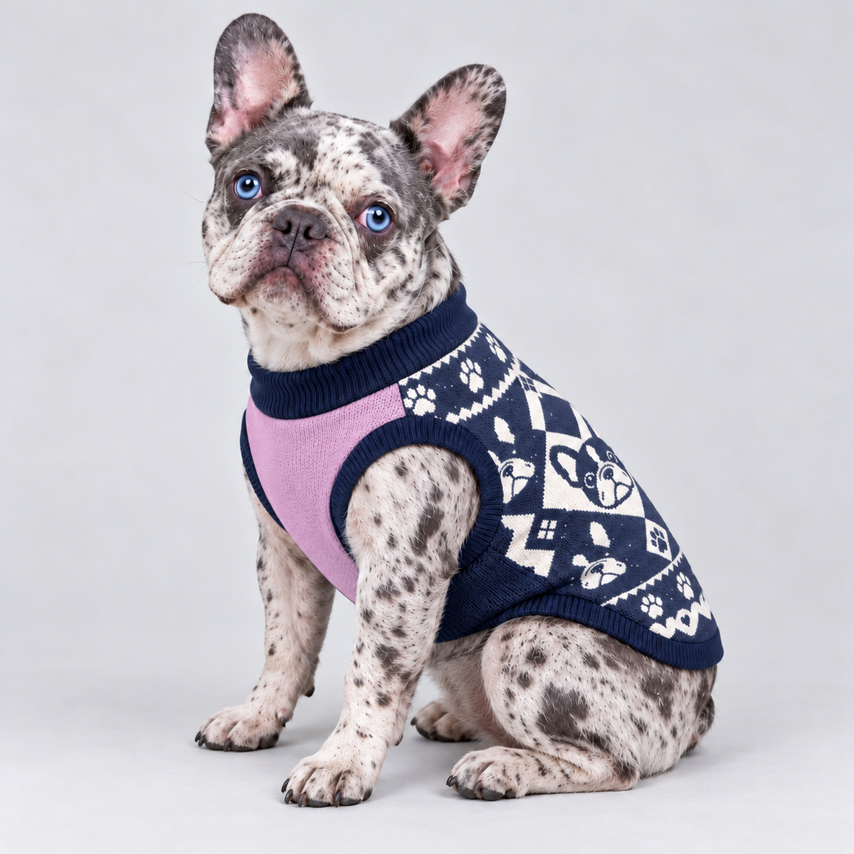 French Bulldog seated at a side three-quarter angle wearing pet knit sweater design 20