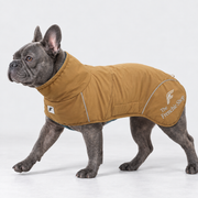 High-Neck Outdoor French Bulldog Winter Jacket – Amber Yellow on blue French Bulldog