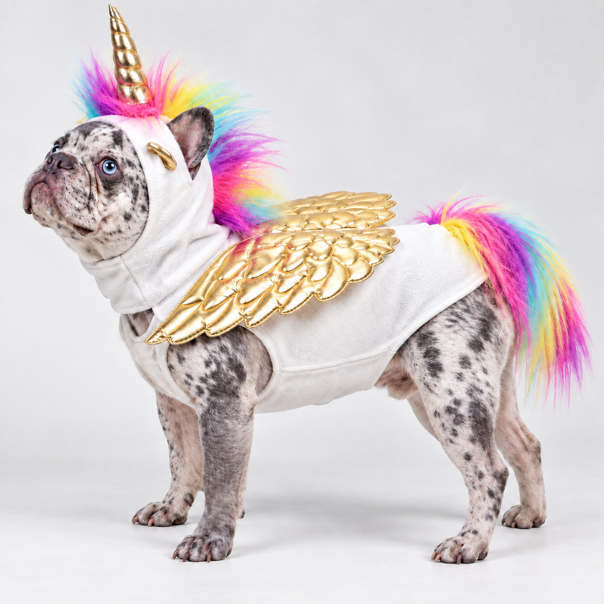 Unicorn French Bulldog Costume – White on merle French Bulldog