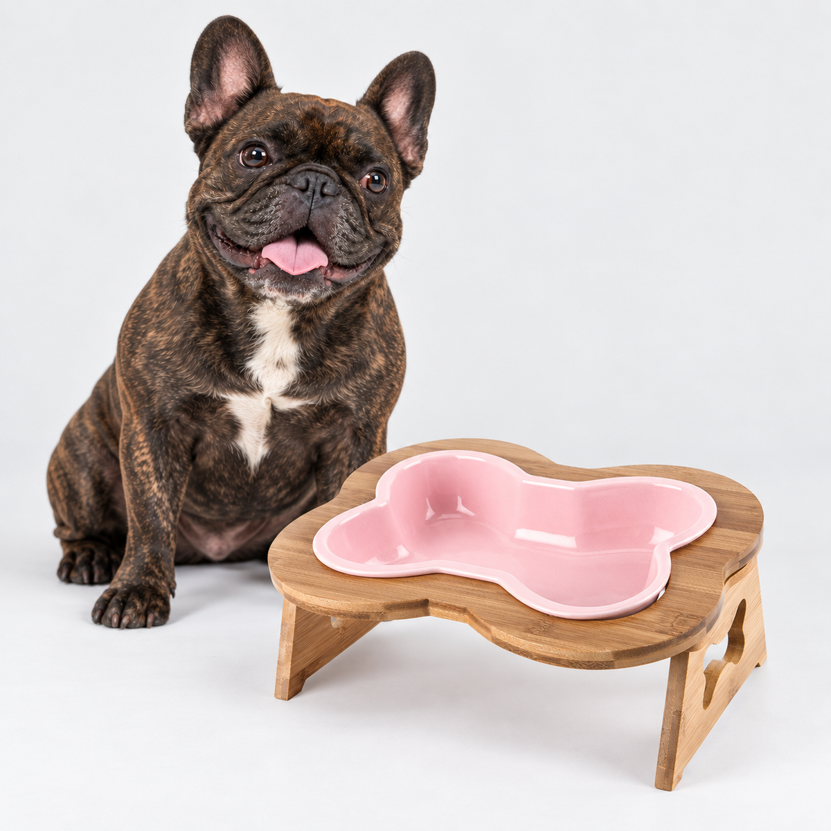 French Bulldog Bone-Shaped Ceramic Bowl with Wooden Stand