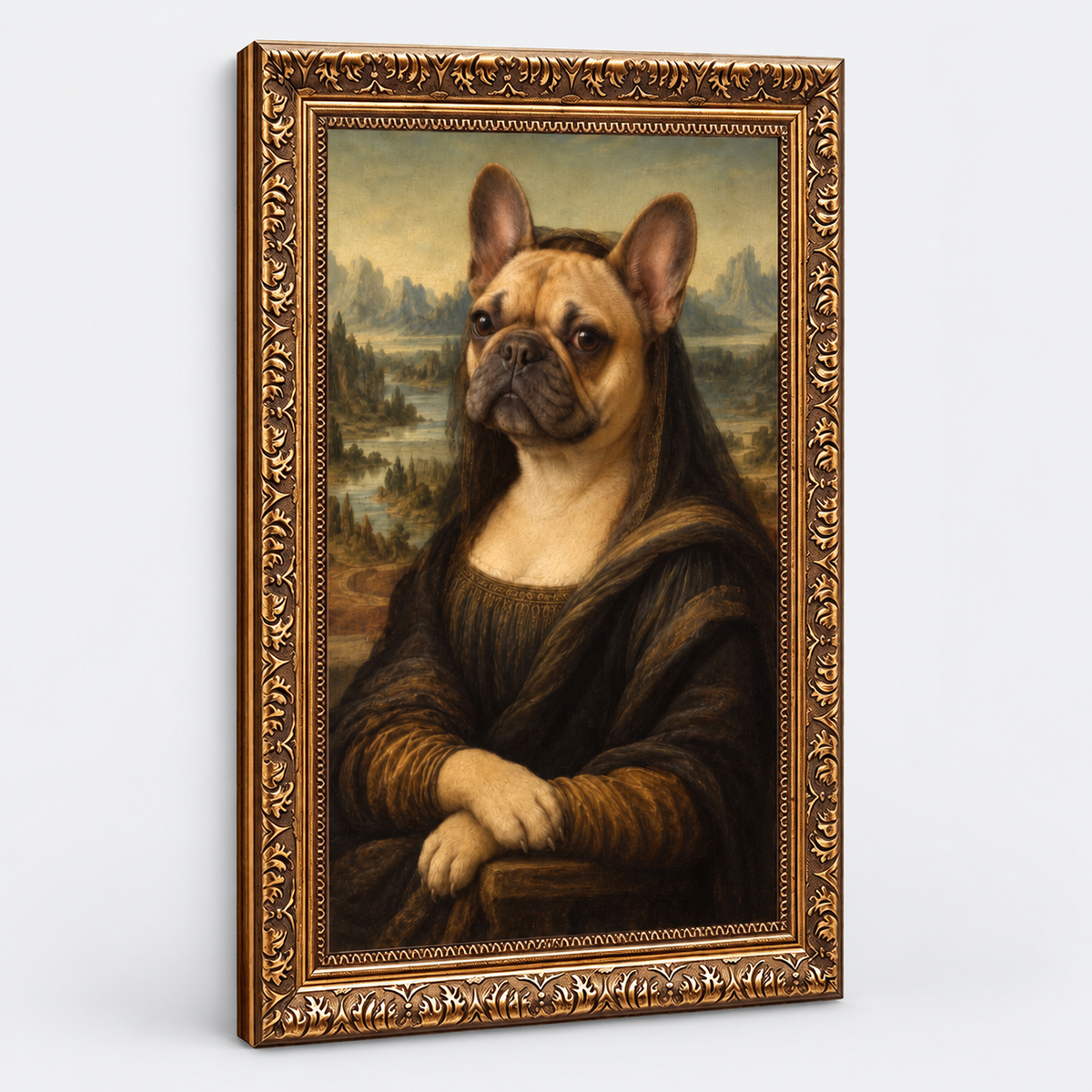 French Bulldog canvas on light gray studio background