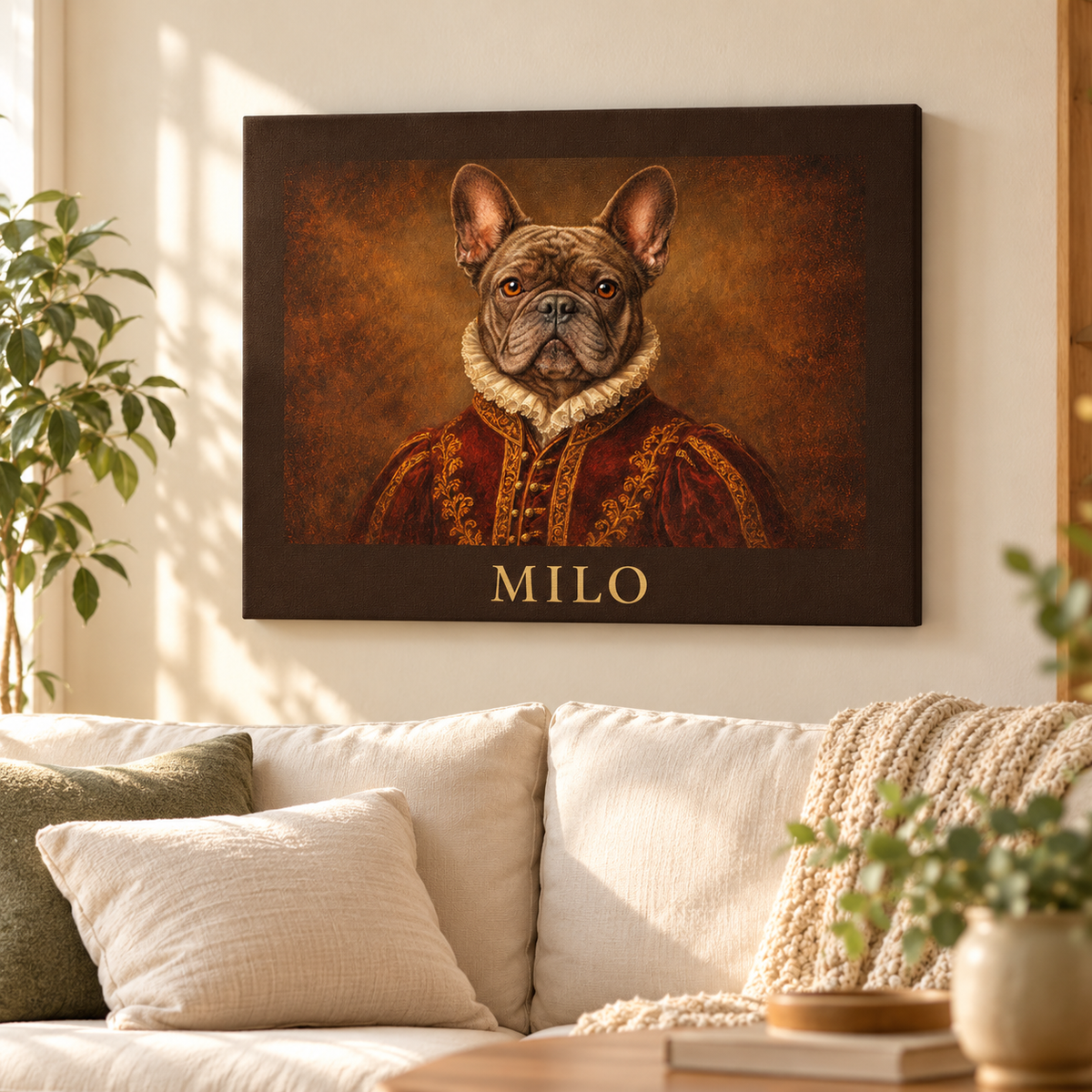 French Bulldog canvas hanging in a cozy room