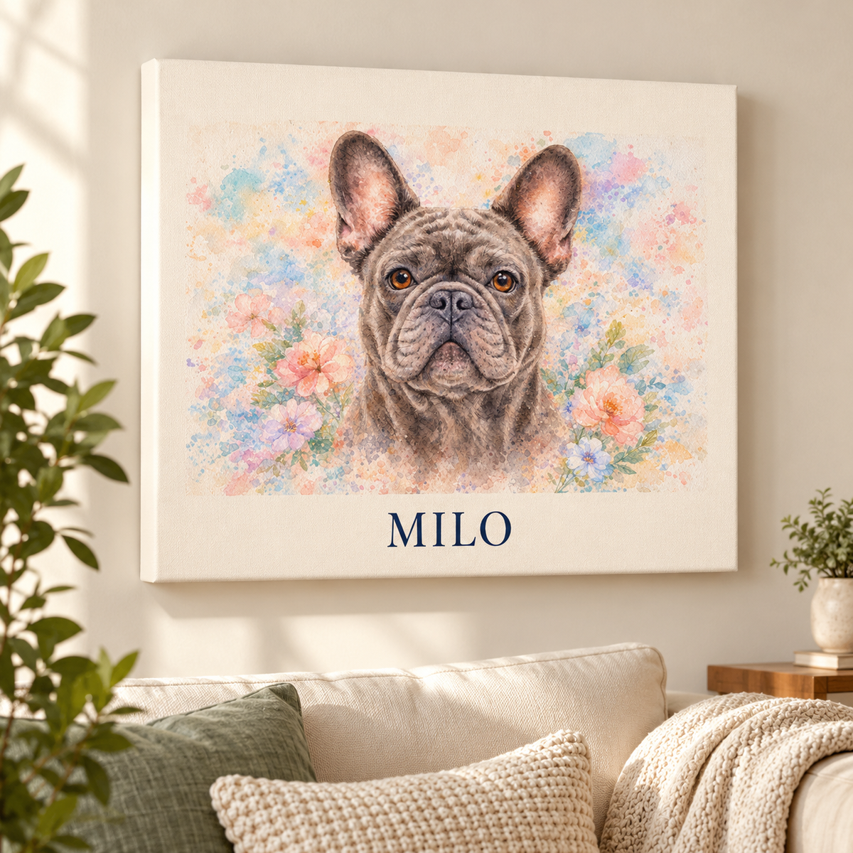 French Bulldog canvas hanging in a cozy room