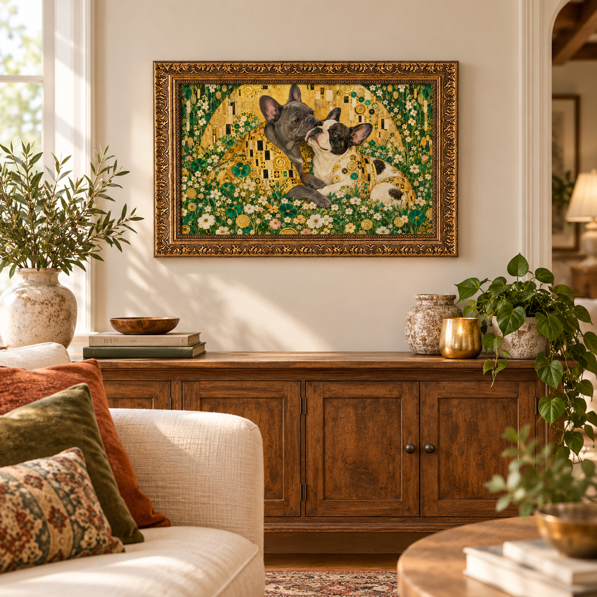 French Bulldog canvas hanging in a cozy room