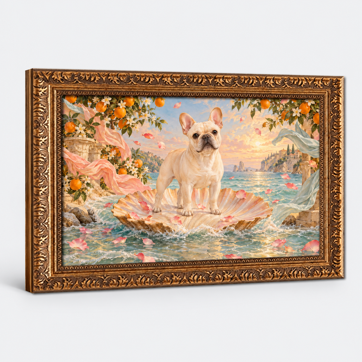 French Bulldog canvas on light gray studio background