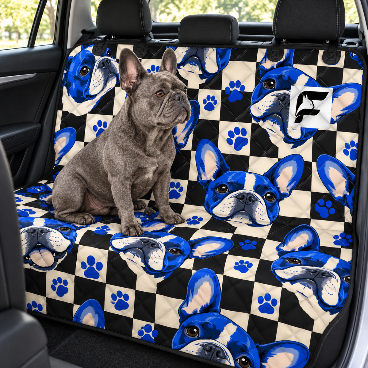 Frenchie Checker Pop Frenchie-pattern car seat protector installed across rear bench with French Bulldog