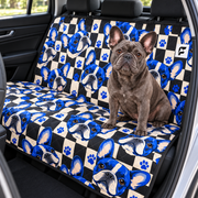 Frenchie Checker Pop patterned dog car seat cover with French Bulldog model on a rear bench