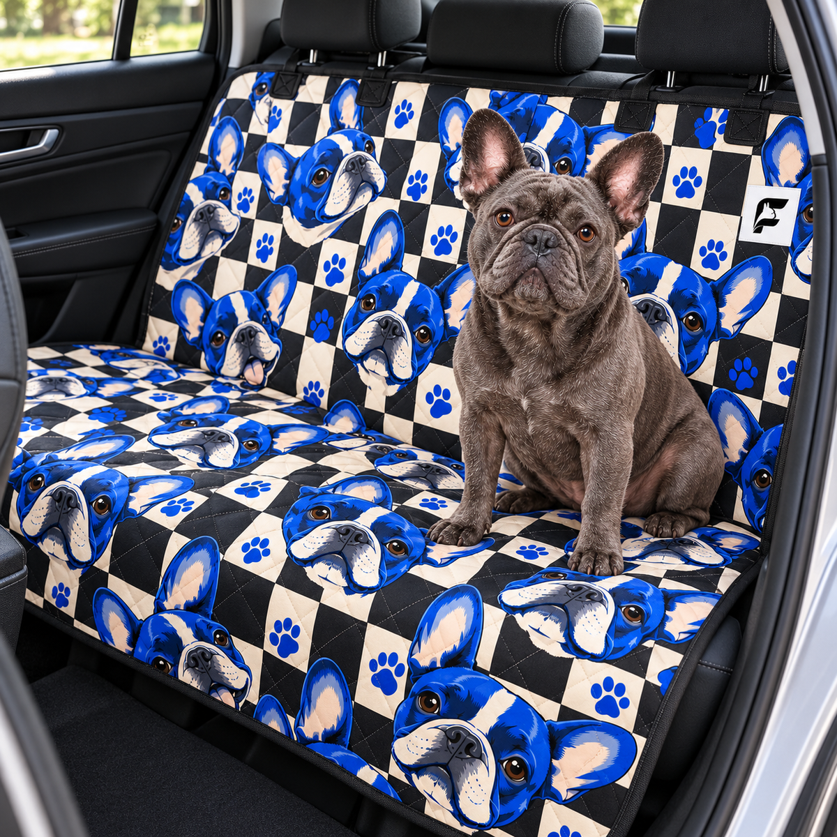 Frenchie Checker Pop patterned dog car seat cover with French Bulldog model on a rear bench