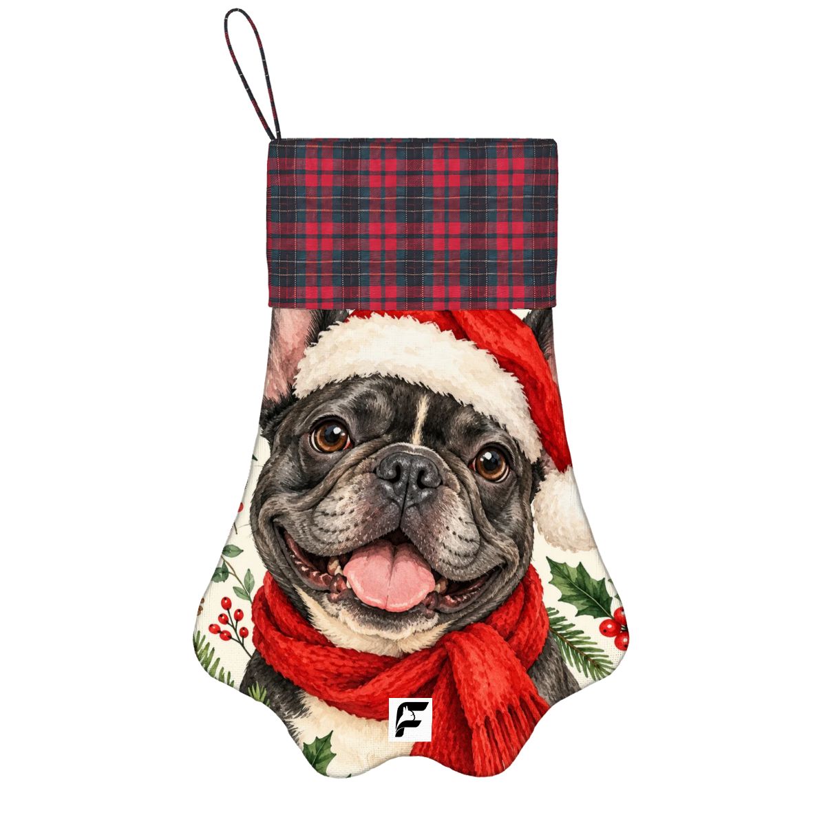 Santa Paws French Bulldog paw stocking with plaid cuff and logo