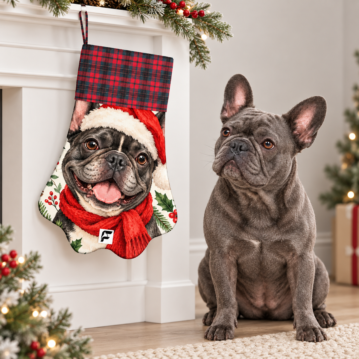 Frenchie beside Santa Paws paw Christmas stocking