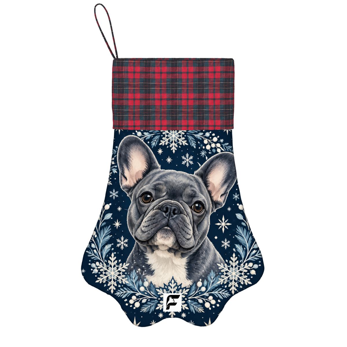 Midnight Snow French Bulldog paw stocking with plaid cuff and logo