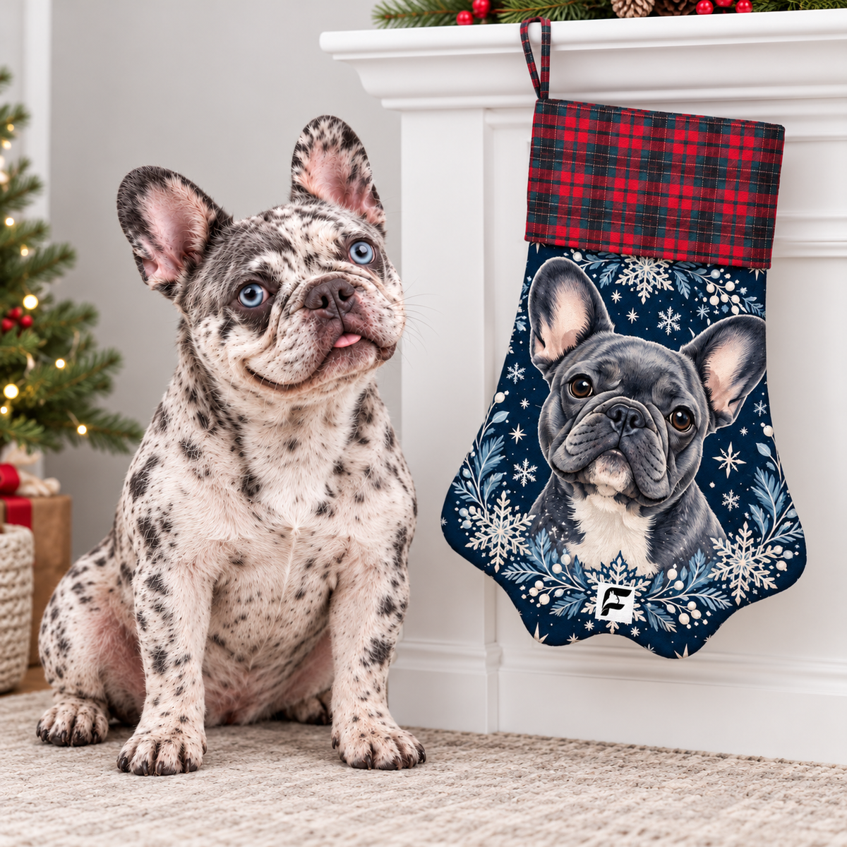 Frenchie beside Midnight Snow paw Christmas stocking