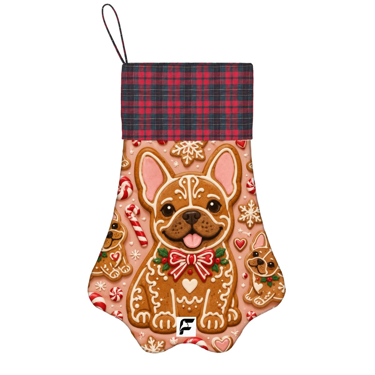 Gingerbread Frenchie French Bulldog paw stocking with plaid cuff and logo