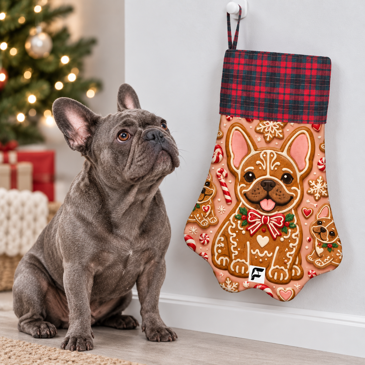 Frenchie beside Gingerbread Frenchie paw Christmas stocking