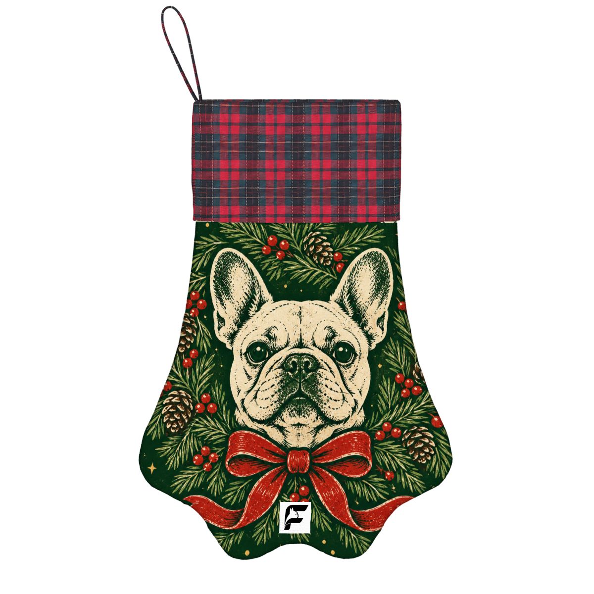 Evergreen Cabin French Bulldog paw stocking with plaid cuff and logo