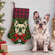 Frenchie beside Evergreen Cabin paw Christmas stocking