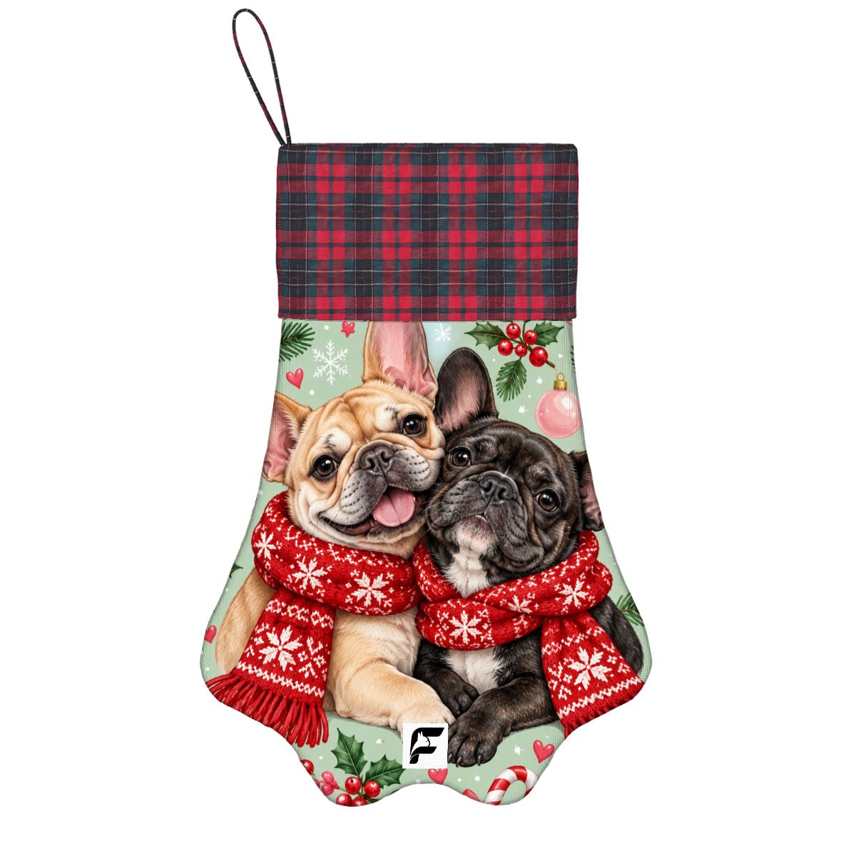 Candy Cane Cuddles French Bulldog paw stocking with plaid cuff and logo