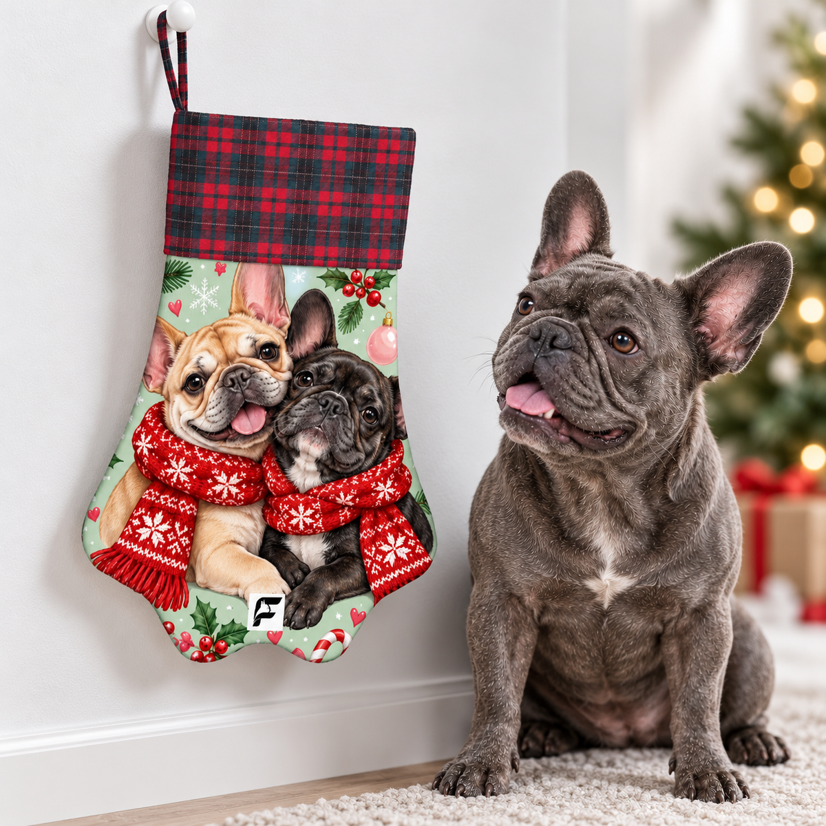 Frenchie beside Candy Cane Cuddles paw Christmas stocking