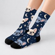 Midnight Frenchie Constellations Crew Socks — light gray studio view